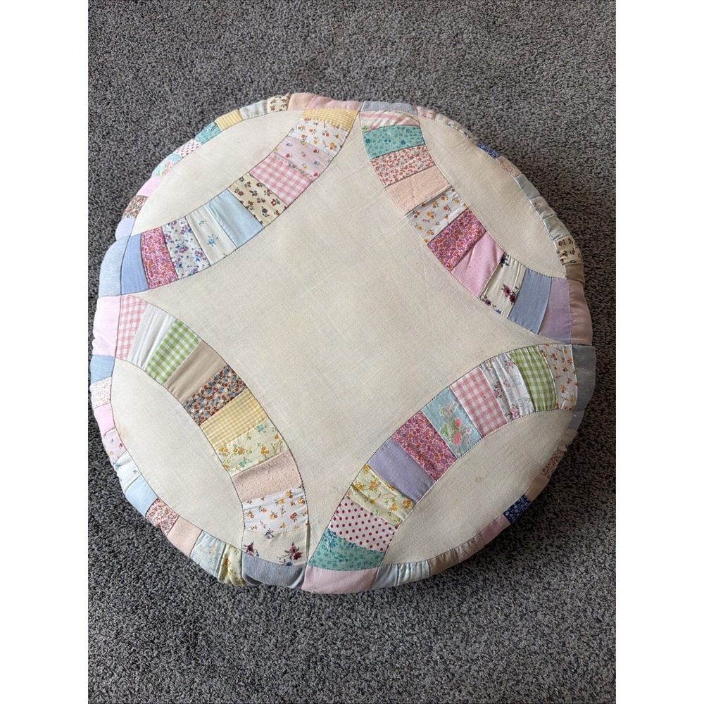 Vintage Double Wedding Ring Quilted Pillow 23" Diameter Hand Stitched Sewn